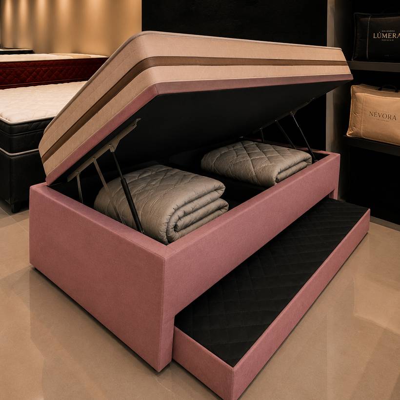 Cama baú 3 em 1 na cor rosa, com o baú aberto e a cama auxiliar puxada