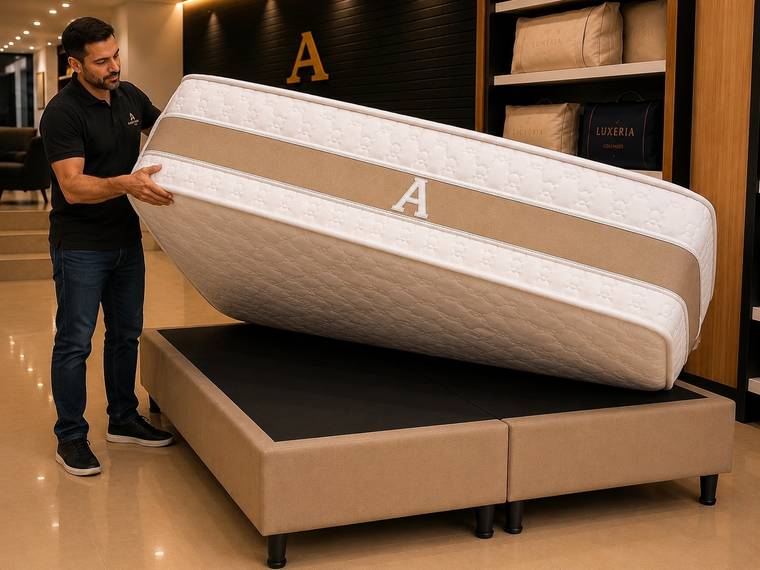 Vendedor levantando o colchão sobre a base, mostrando os dois lados e o A bordado