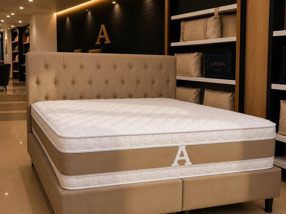Conjunto King completo na loja: base e cabeceira capitonê bege, colchão branco com faixa bege e o A da marca bordado na lateral