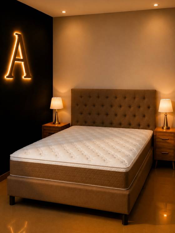 Ambiente montado na loja com conjunto de cama box marrom, criados-mudos e o A iluminado na parede
