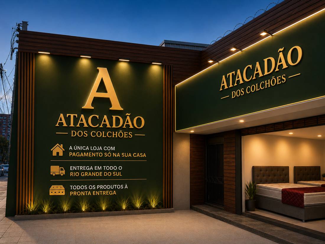 Fachada da loja Atacadão dos Colchões na Avenida da Azenha, 960, em Porto Alegre: parede verde escura com o logo dourado e as promessas da loja em letras douradas