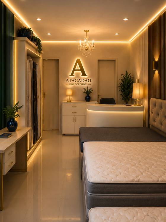 Recepção da loja com o logo dourado na parede e conjuntos de cama box expostos